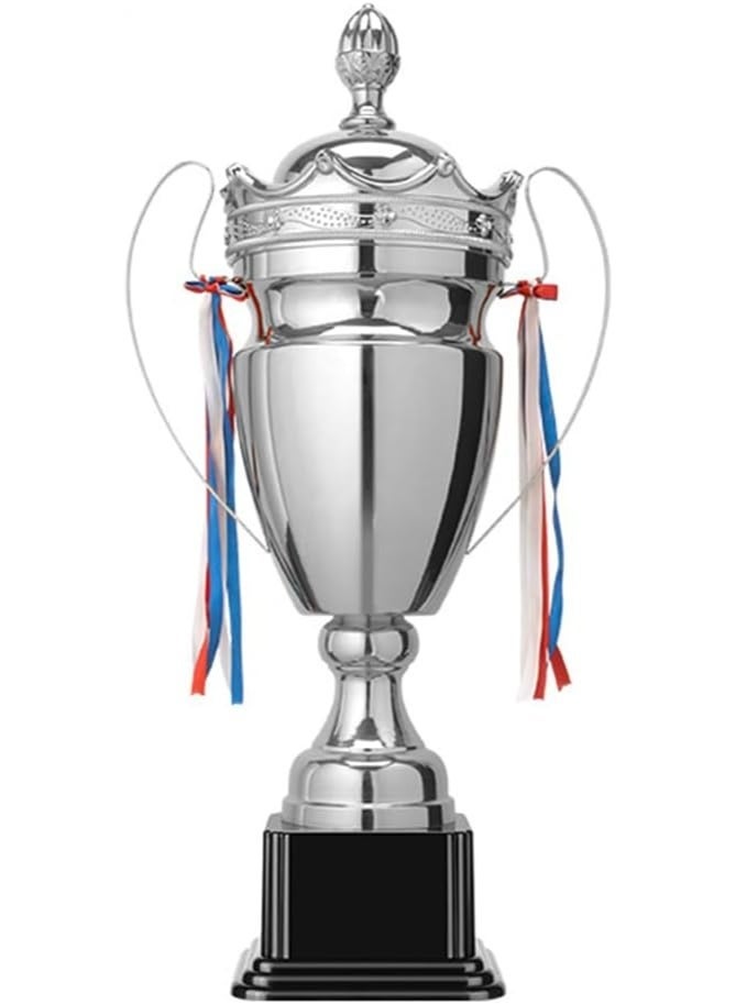 كأس بطولة معدن مطلي باللون الفضي فاخر مع غطاء وتفاصيل تاج - كؤوس جوائز للمسابقات الرياضية والفعاليات - متوفر بقاعدة سوداء متينة